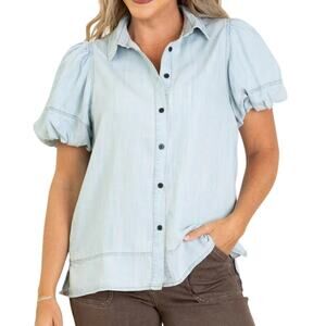 Easel Chambray Button Front Shirt Size Small Puff Sleeve Tencel Denim Blouse